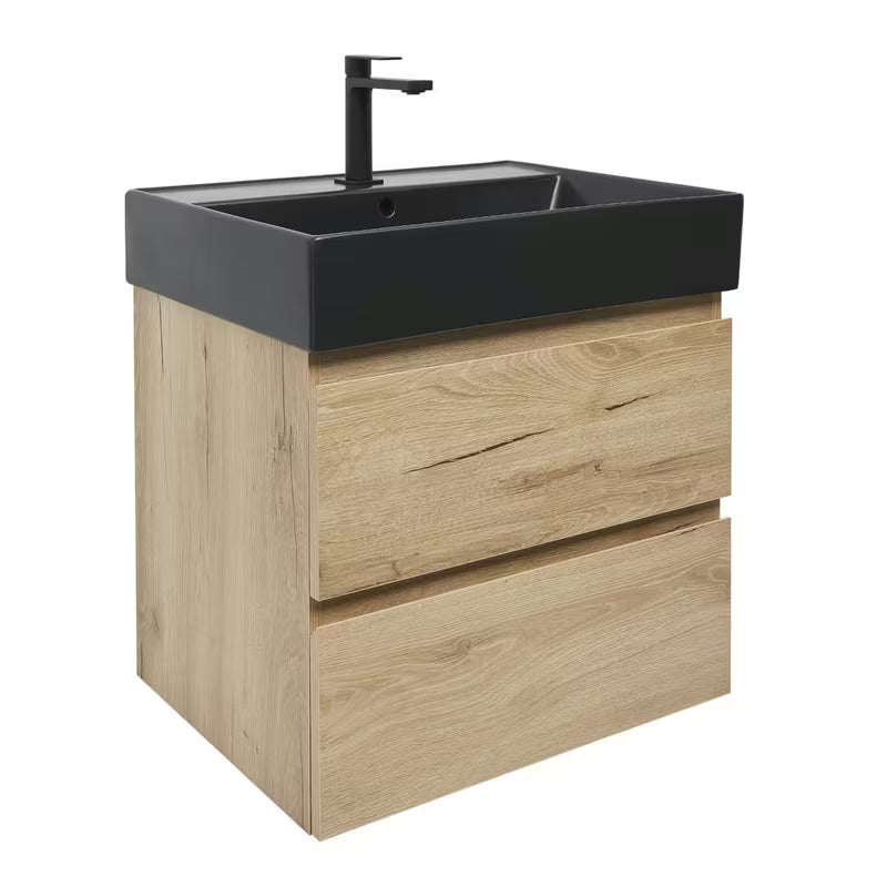 Viseća kupaonski ormarić SAT B-Way s umivaonikom u dekoru hrasta i crnim elementima