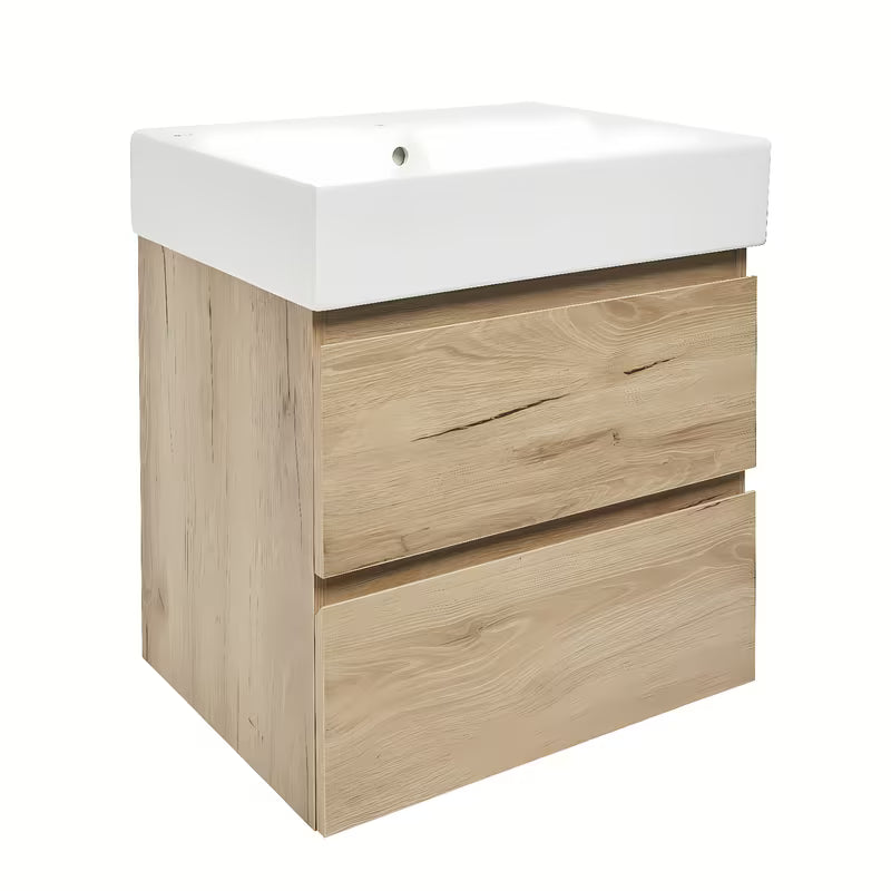 Viseća kupaonski ormarić SAT B-Way u dekoru hrasta s keramičkim umivaonikom i dvije ladice.