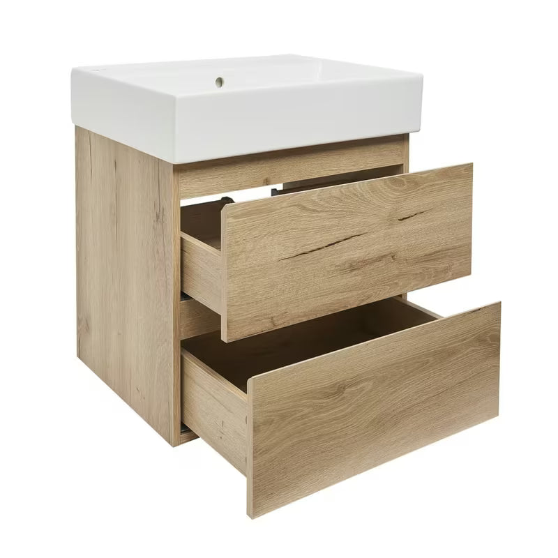 Viseća kupaonski ormarić SAT B-Way u dekoru hrasta s keramičkim umivaonikom i dvije ladice.