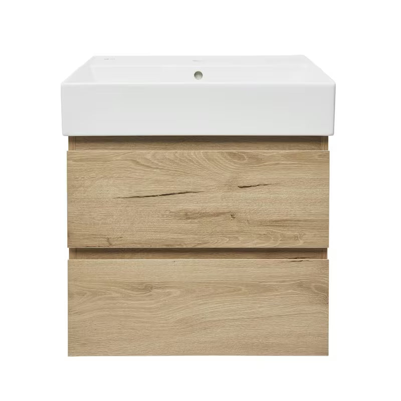 Viseća kupaonski ormarić SAT B-Way u dekoru hrasta s keramičkim umivaonikom i dvije ladice.