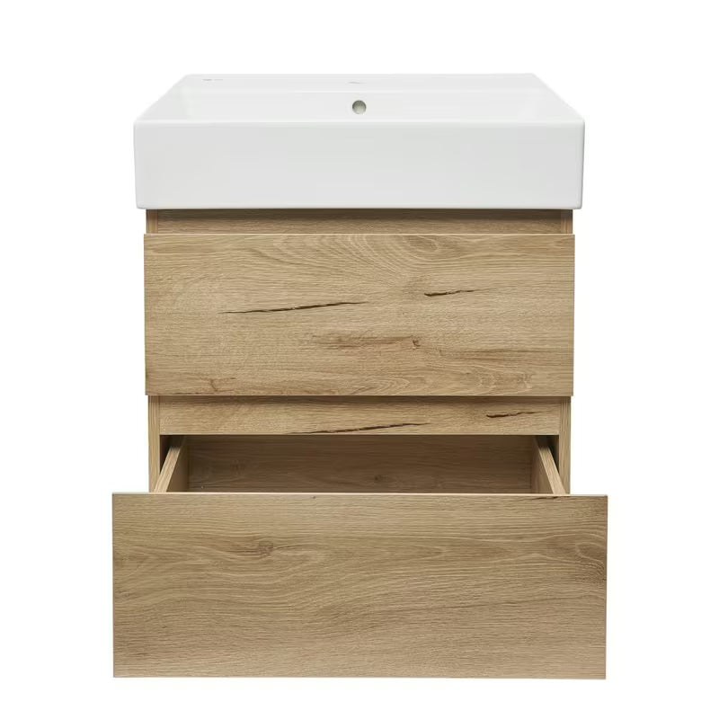 Viseća kupaonski ormarić SAT B-Way u dekoru hrasta s keramičkim umivaonikom i dvije ladice.