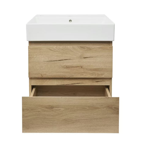 Viseća kupaonski ormarić SAT B-Way u dekoru hrasta s keramičkim umivaonikom i dvije ladice.