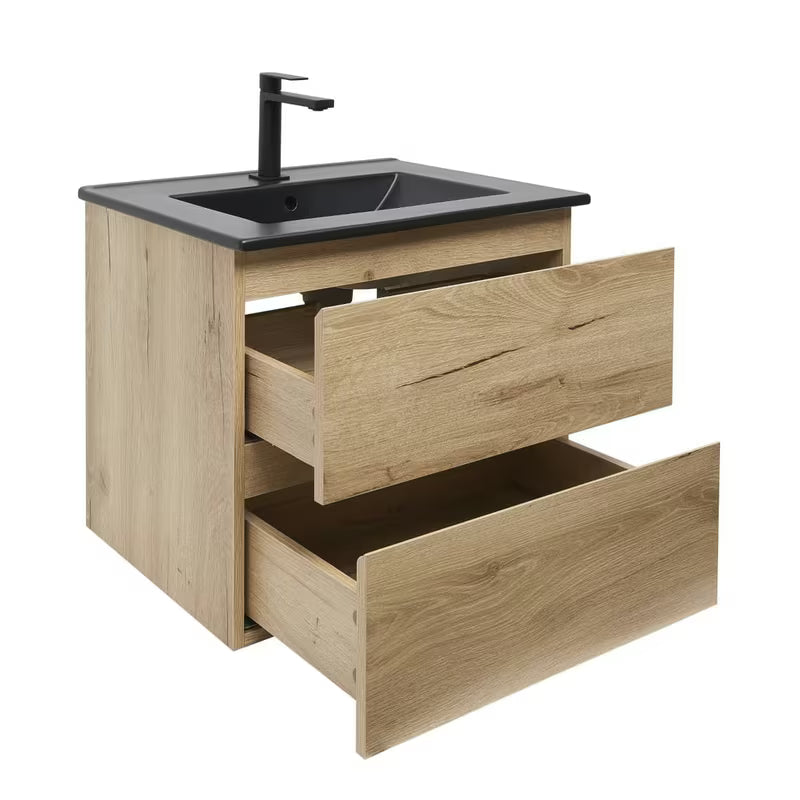 Kupaonski ormarić s umivaonikom SAT B-Way u dekoru hrasta s crnim mat umivaonikom i slavinom