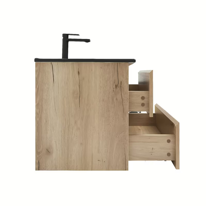Kupaonski ormarić s umivaonikom SAT B-Way u dekoru hrasta s crnim mat umivaonikom i slavinom