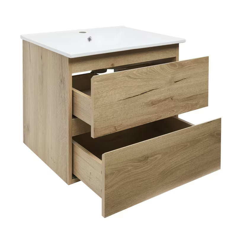 Viseća kupaonski ormarić SAT B-Way u dekoru hrasta s keramičkim umivaonikom i dvije ladice