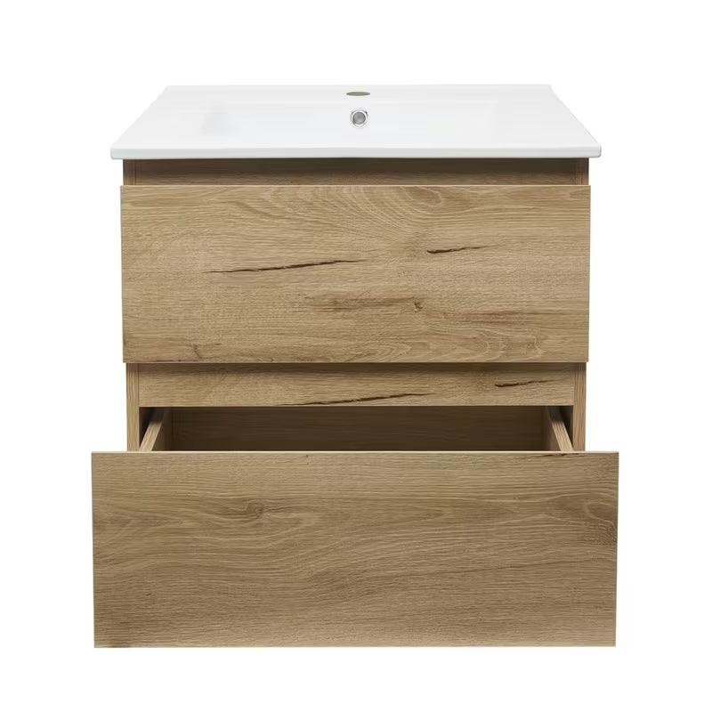 Viseća kupaonski ormarić SAT B-Way u dekoru hrasta s keramičkim umivaonikom i dvije ladice