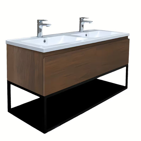 Viseća kupaonski ormarić SAT B-Way u dekoru oraha s crnim metalnim okvirom i dvostrukim umivaonikom.