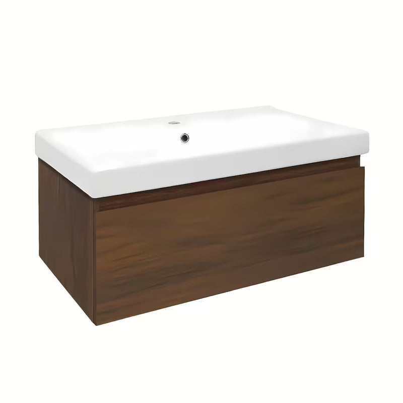 Viseća kupaonski ormarić s keramičkim umivaonikom SAT B-Way u dekoru oraha s mat površinom.