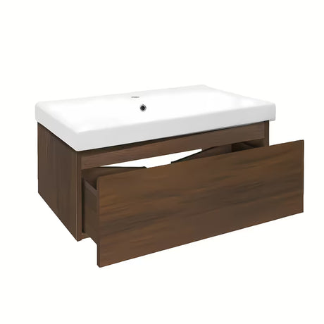 Viseća kupaonski ormarić s keramičkim umivaonikom SAT B-Way u dekoru oraha s mat površinom.