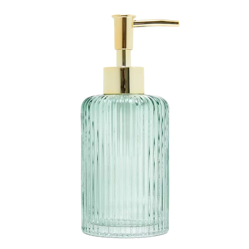 Zeleni samostojeći  dozator sapuna SAT Boho sa zaobljenim oblikom i sjajnom površinom od metala i stakla.