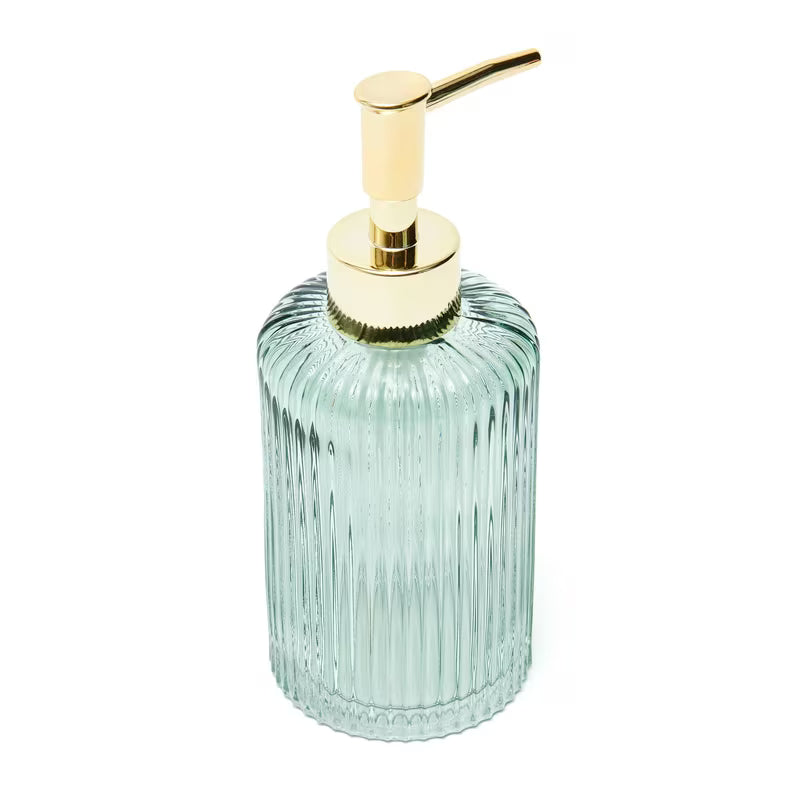 Zeleni samostojeći  dozator sapuna SAT Boho sa zaobljenim oblikom i sjajnom površinom od metala i stakla.