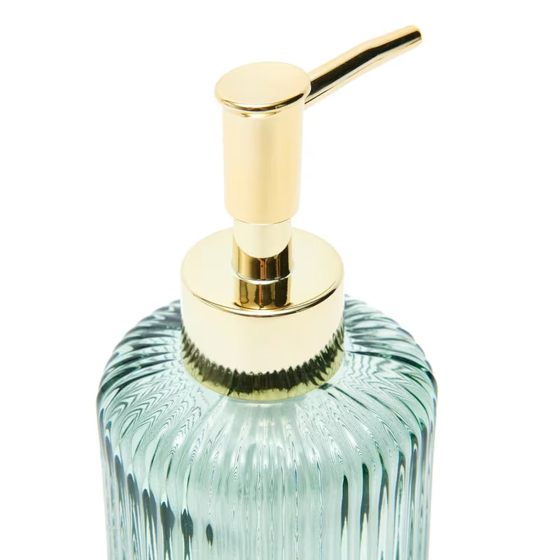 Zeleni samostojeći  dozator sapuna SAT Boho sa zaobljenim oblikom i sjajnom površinom od metala i stakla.