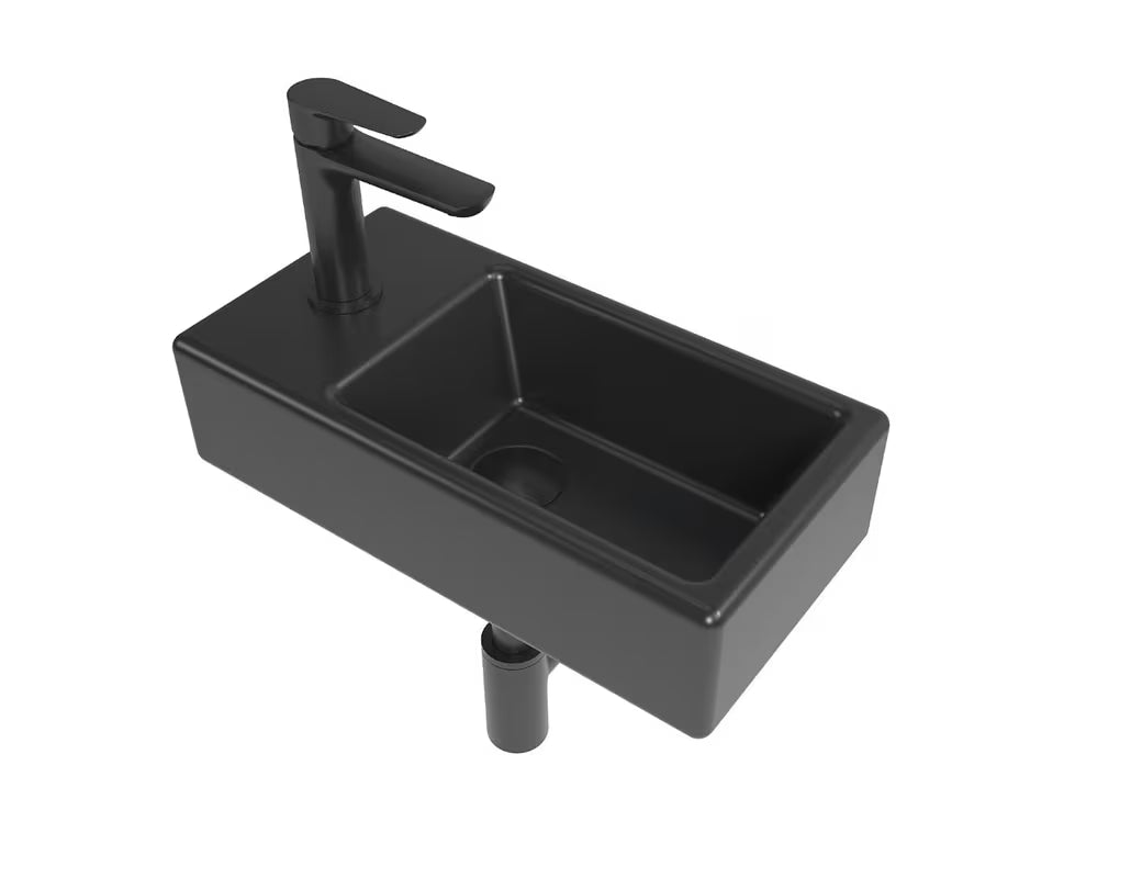 Kupaonski set SAT Brevis u crnoj boji s umivaonikom za gostinjski WC 40,5 x 20,5 cm, slavinom i sifonom