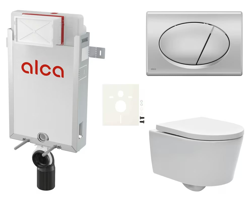 Viseći WC set SAT Brevis s podžbuknim vodokotlićem Alca, tipkom za ispiranje i daskom s soft Close