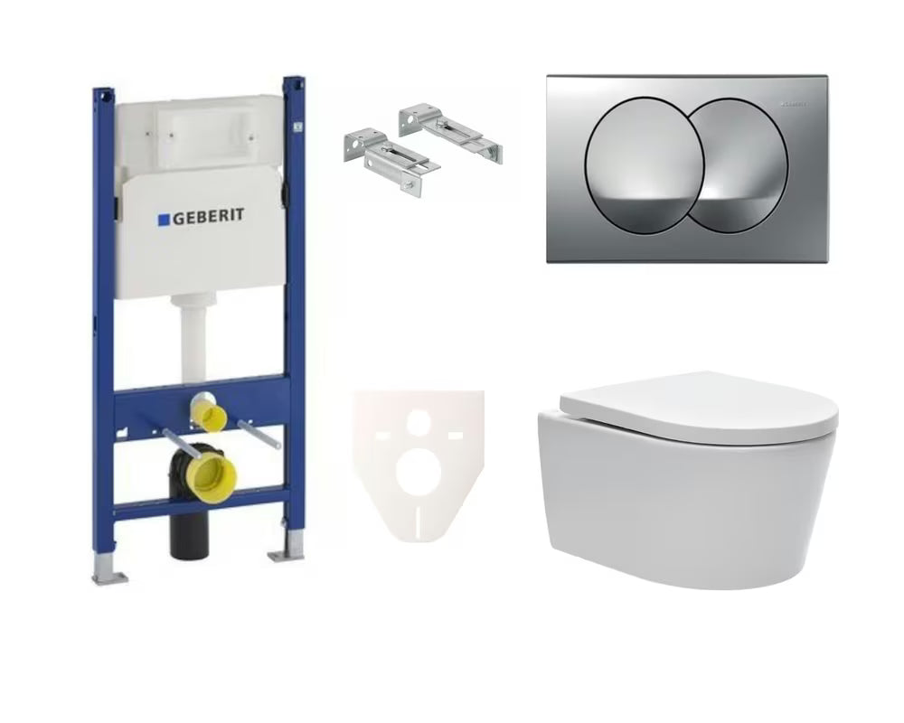 Viseći WC set SAT Brevis s instalacijskim modulom Geberit i tipkom za ispiranje u krom izvedbi.