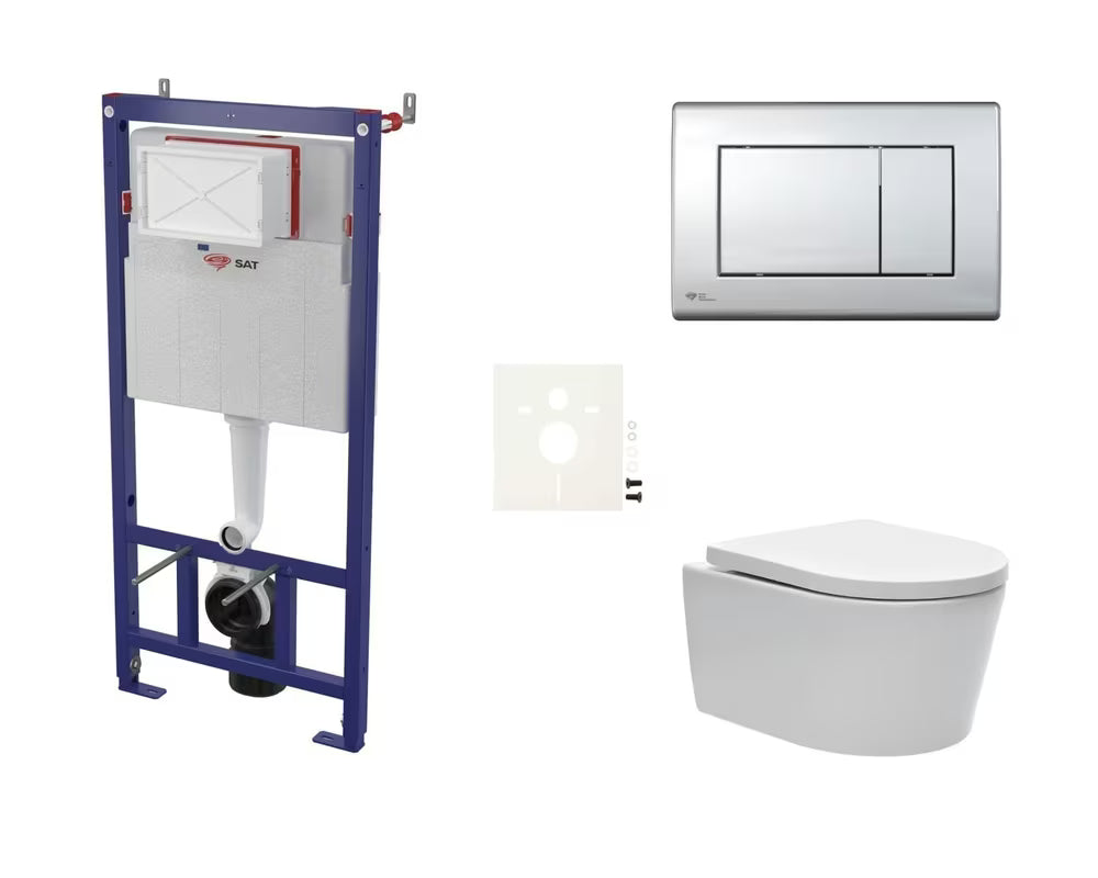 Viseći WC set SAT Brevis s podžbuknim modulom, tipkom za ispiranje u sjajnom kromu i daskom soft Close