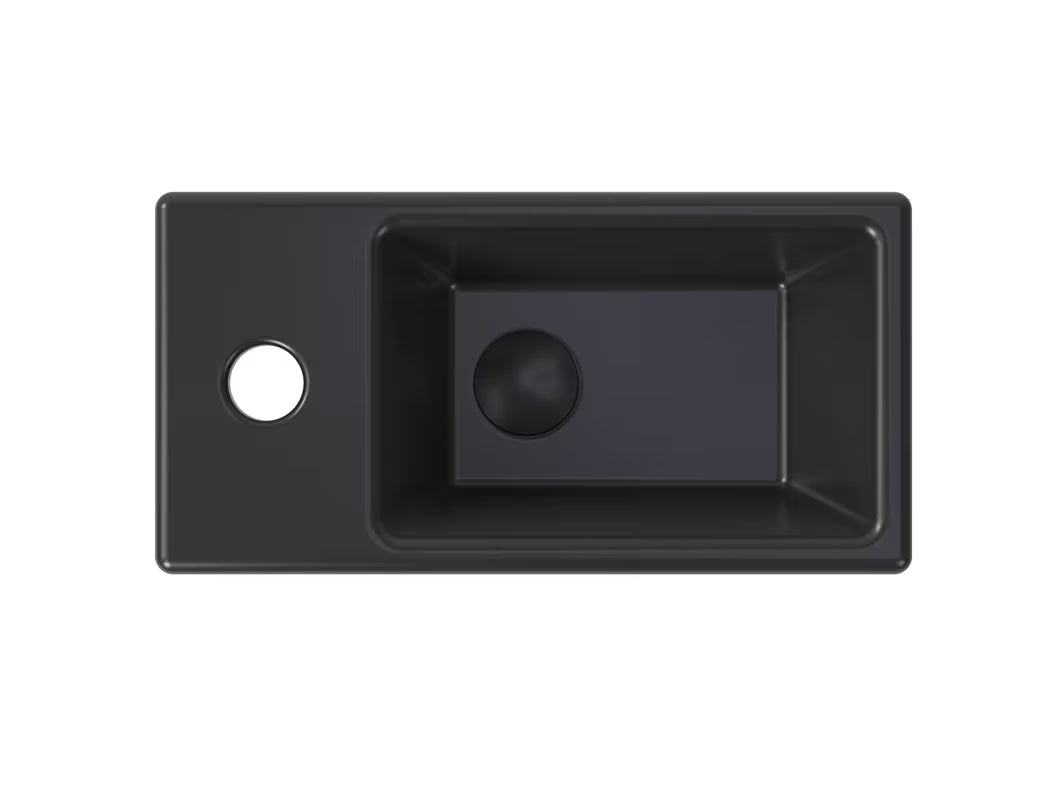 Viseće mali umivaonik SAT Brevis 40,5x20,5 cm u crnoj mat boji s lijevim otvorom za pro slavinu.