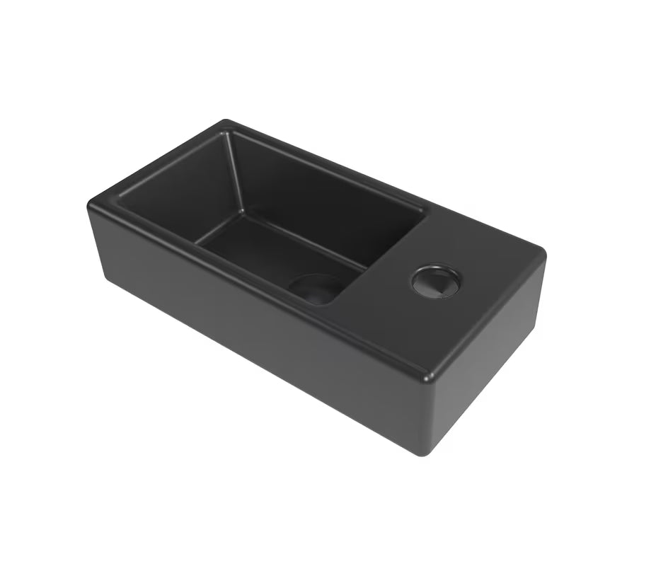 Viseće keramički mali umivaonik SAT Brevis 40,5x20,5 cm u mat crnoj boji s otvorom za pro slavinu desno.
