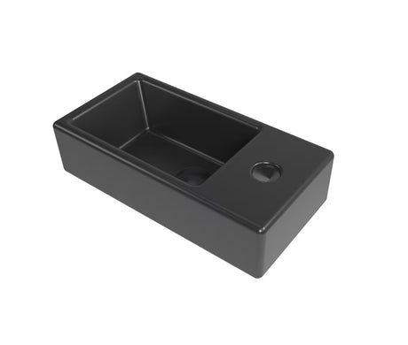 Viseće keramički mali umivaonik SAT Brevis 40,5x20,5 cm u mat crnoj boji s otvorom za pro slavinu desno.