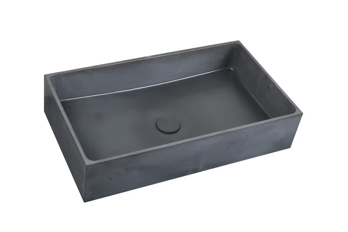 Antracitni betonski umivaonik na ploču SAT Cemento četvrtastog oblika i tankih stijenki