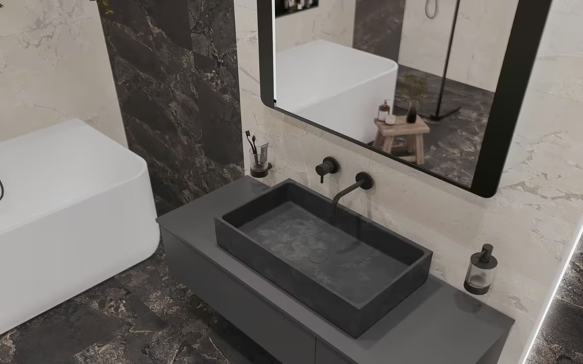 Antracitni betonski umivaonik na ploču SAT Cemento četvrtastog oblika i tankih stijenki