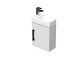 Viseća kupaonski ormarić SAT Cube Way 1 s keramičkim umivaonikom u bijelom sjaju s crnom ručkicom.