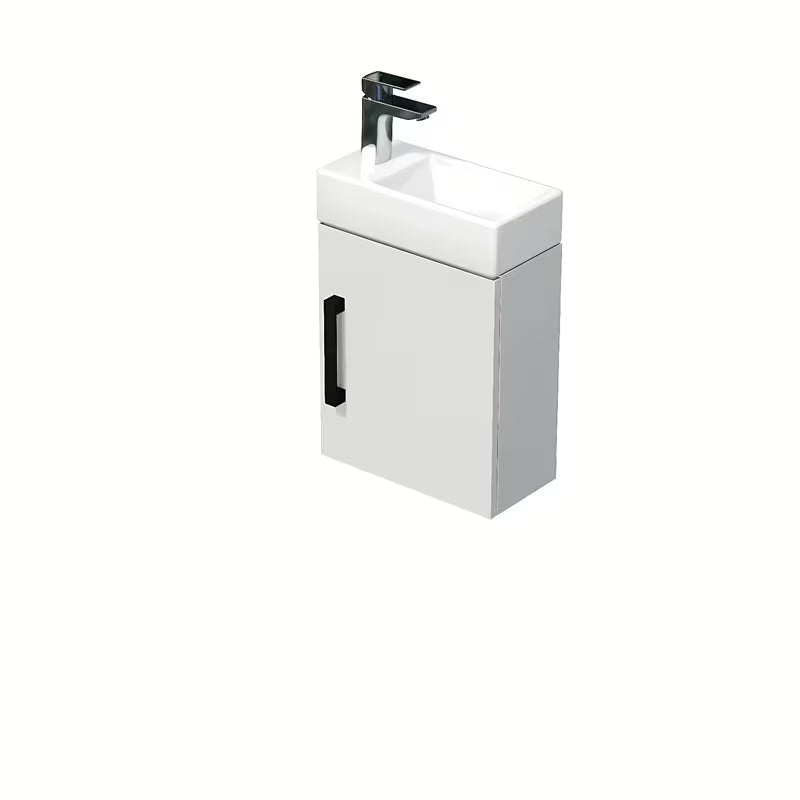 Viseća kupaonski ormarić SAT Cube Way 1 s keramičkim umivaonikom u bijelom sjaju s crnom ručkicom.