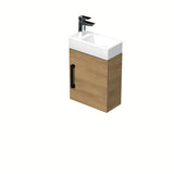 Viseća kupaonski ormarić SAT Cube Way s keramičkim umivaonikom za gostinjski WC u dekoru hrasta hickory i s crnom ručkicom.