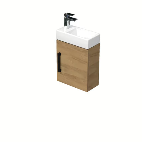Viseća kupaonski ormarić SAT Cube Way s keramičkim umivaonikom za gostinjski WC u dekoru hrasta hickory i s crnom ručkicom.