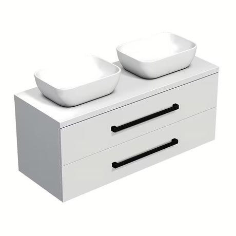 Viseća kupaonski ormarić SAT Cube Way s pokrovnom pločom u bijelom sjaju i s crnim ručkicama