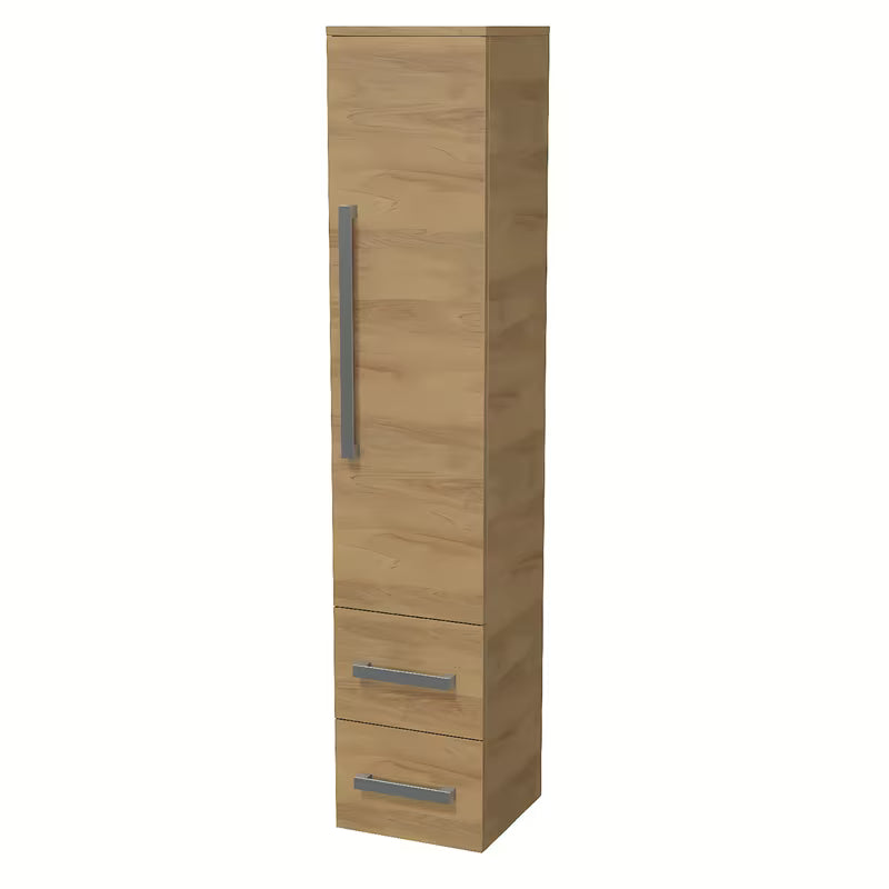 Viseća visoka kupaonski ormarić SAT Cube Way u dekoru hrasta hickory s kromiranim ručkicama