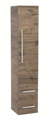Visoka kupaonski ormarić SAT Cube Way u dekoru hrasta wellington s vratima i dvije ladice.