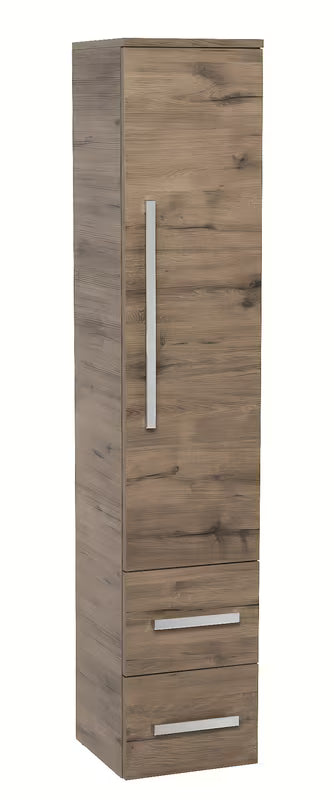 Visoka kupaonski ormarić SAT Cube Way u dekoru hrasta wellington s vratima i dvije ladice.