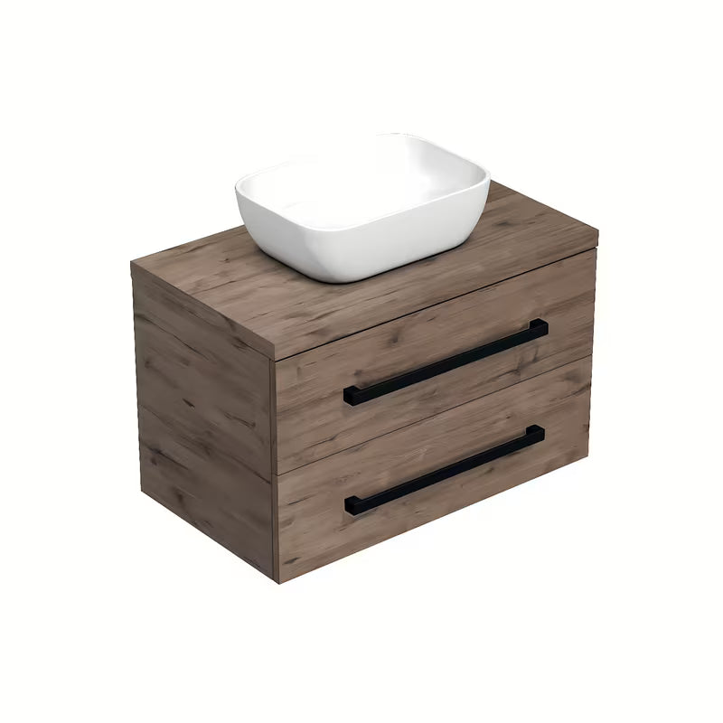 Viseća kupaonski ormarić SAT Cube Way s pokrovnom pločom u dekoru hrasta wellington i s crnim mat ručkicama.