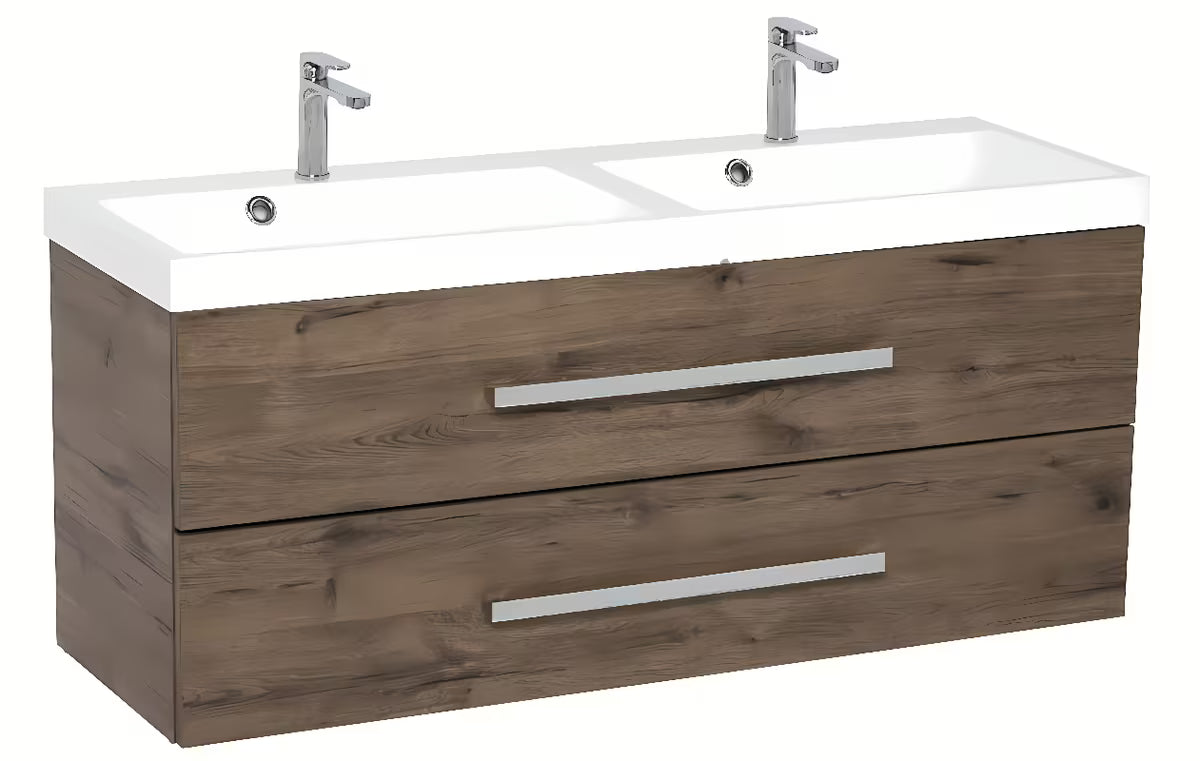 Viseća kupaonski ormarić SAT Cube Way s dvostrukim umivaonikom u dekoru hrasta wellington