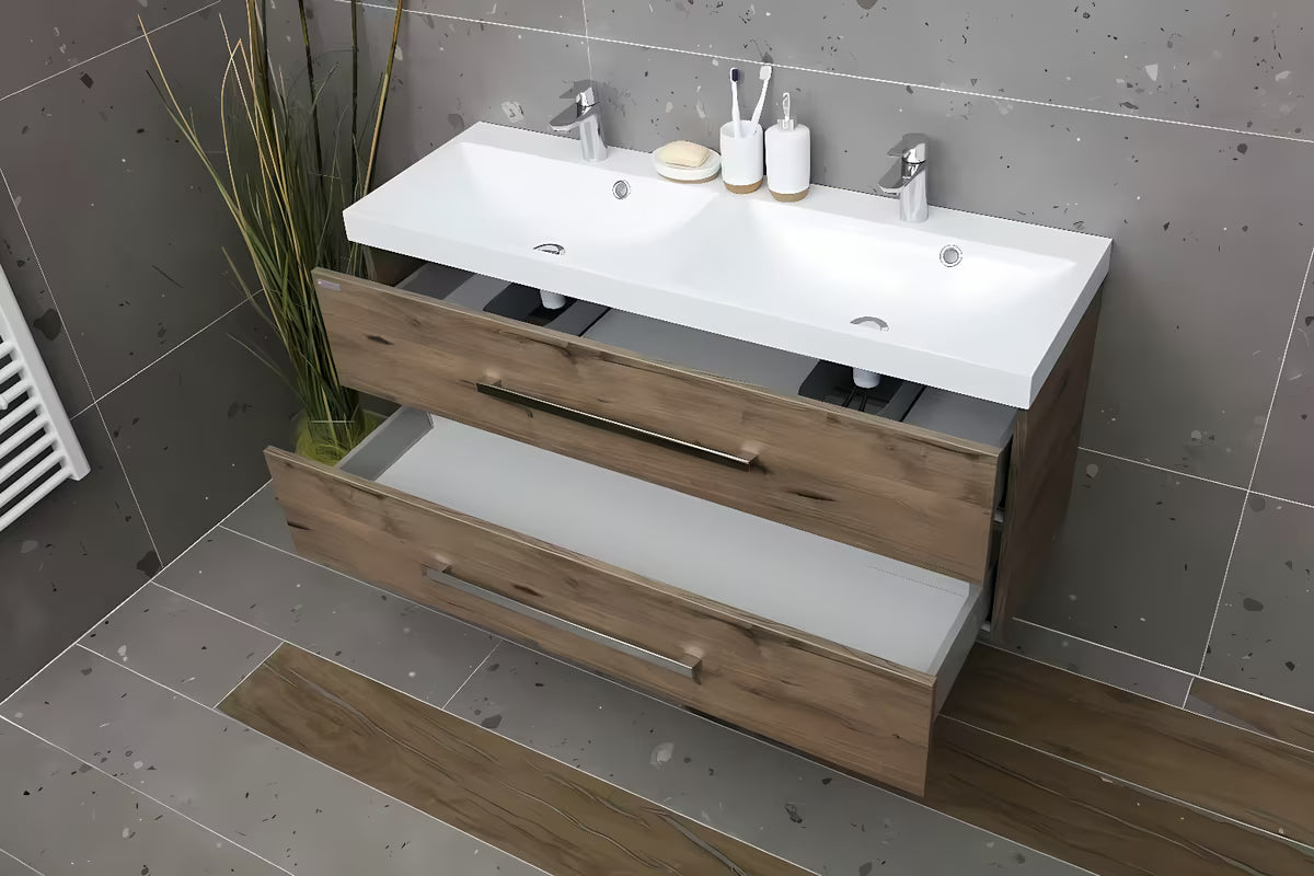 Viseća kupaonski ormarić SAT Cube Way s dvostrukim umivaonikom u dekoru hrasta wellington