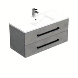 Viseća kupaonski ormarić SAT Cube Way s keramičkim umivaonikom u dekoru imitacije betona i crnim ručkicama.