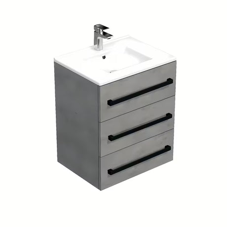 Viseća kupaonski ormarić SAT Cube Way s keramičkim umivaonikom u imitaciji betona i crnim ručkicama.