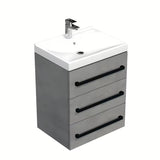 Viseća kupaonski ormarić s keramičkim umivaonikom SAT Cube Way u imitaciji betona s crnim ručkicama.