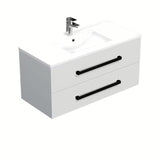 Viseća kupaonski ormarić SAT Cube Way s keramičkim umivaonikom u sjajno bijeloj boji i crnim ručkicama