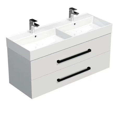 Viseća kupaonski ormarić SAT Cube Way s keramičkim umivaonikom u sjajno bijeloj boji i crnim ručkicama