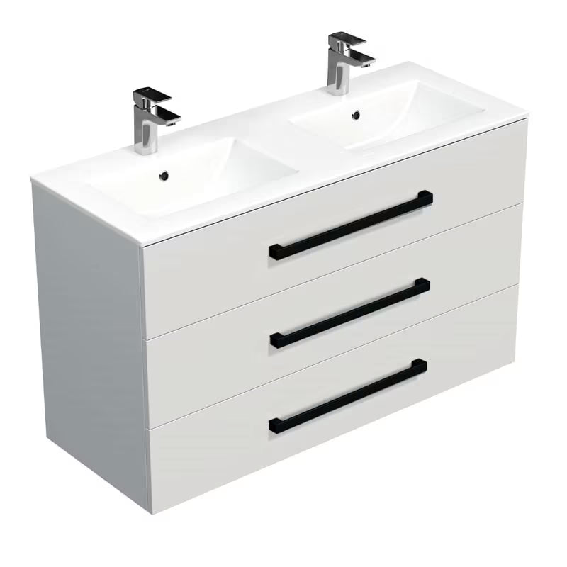 Viseća kupaonski ormarić SAT Cube Way s keramičkim umivaonikom u sjajno bijeloj boji i crnim ručkicama