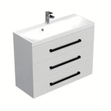 Viseća kupaonski ormarić s umivaonikom SAT Cube Way u bijelom sjaju s crnim mat ručkicama