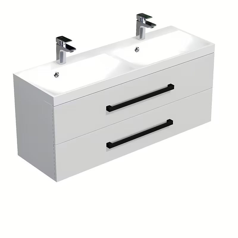 Viseća kupaonski ormarić SAT Cube Way s dvostrukim umivaonikom 120x40 cm u bijelom sjaju s crnim ručkicama.