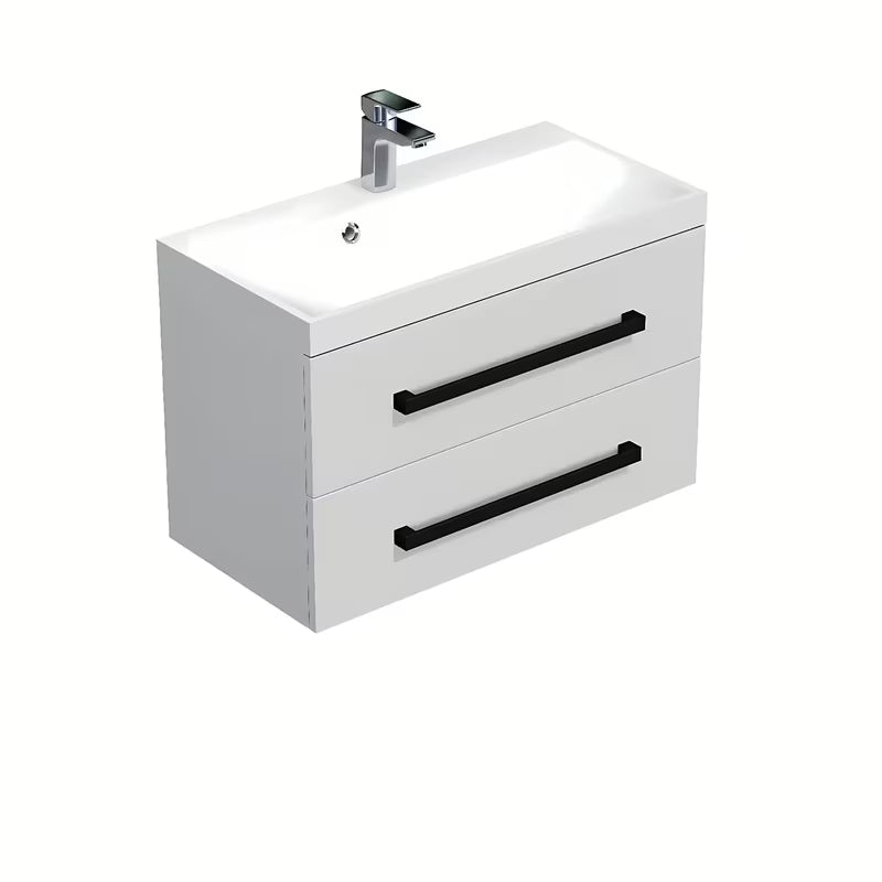 Viseća kupaonski ormarić s umivaonikom SAT Cube Way u bijelom sjaju s crnim mat ručkicama