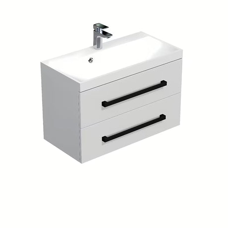 Viseća kupaonski ormarić s umivaonikom SAT Cube Way u bijelom sjaju s crnim mat ručkicama