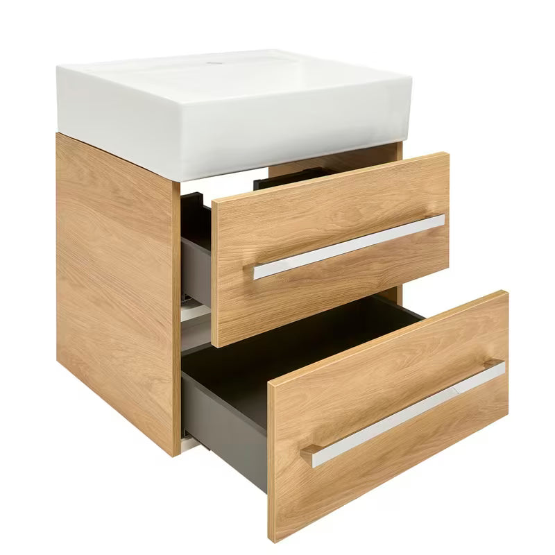 Viseća kupaonski ormarić SAT Cube Way s keramičkim umivaonikom u dekoru hrasta hickory 60x46x53 cm