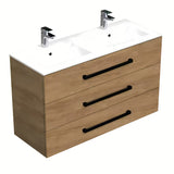 Viseća kupaonski ormarić SAT Cube Way s keramičkim umivaonikom u dekoru hrasta hickory i tri ladice.