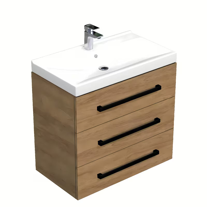 Viseća kupaonski ormarić SAT Cube Way s keramičkim umivaonikom u dekoru hrasta hickory 80x46x71 cm