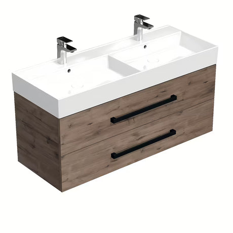 Viseća kupaonski ormarić s keramičkim umivaonikom SAT Cube Way u dekoru hrasta wellington s crnim ručkicama